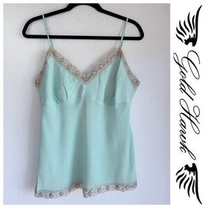 NEW Gold Hawk 100% Silk Crinkle Lace Trim Beaded Camisole in Blue & Taupe Size L